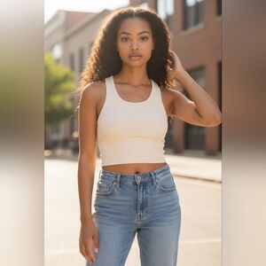 SHEIN Cream Rib Knit Cropped Tee